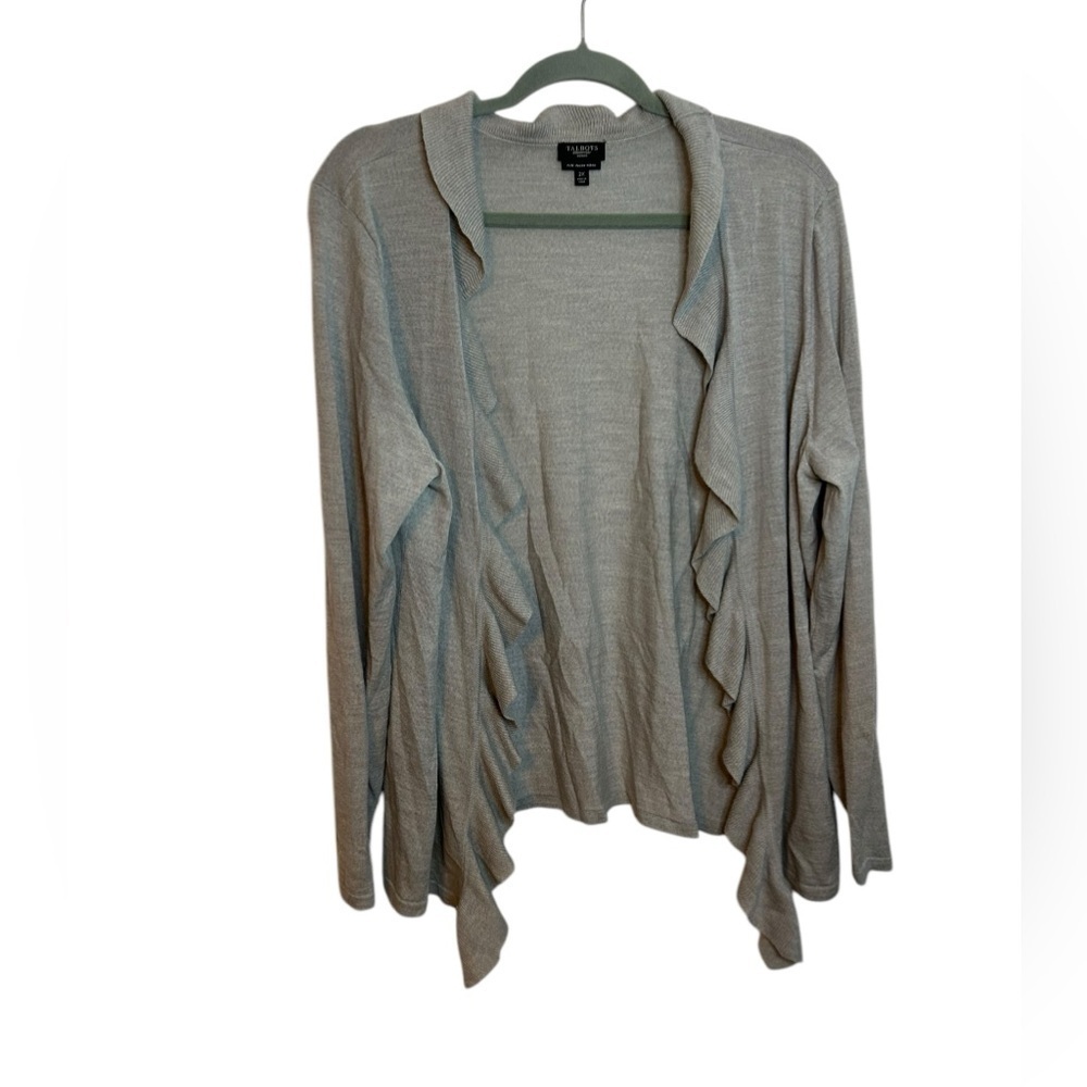 Talbots Taupe Merino Wool Ruffle Cardigan Sweater